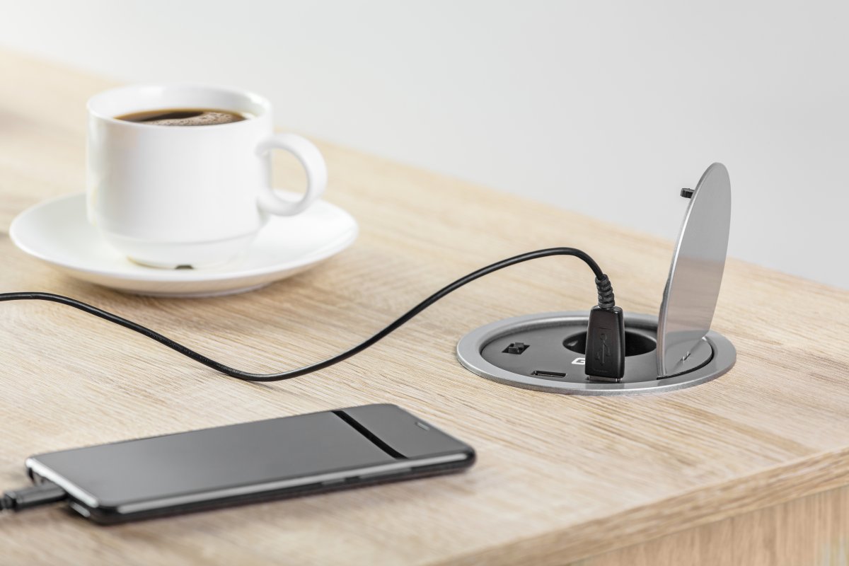 Utičnica CHARGER ugradbena, 1 x shucko, napajanje USB 5V 2A, kabel 1.5m, siva