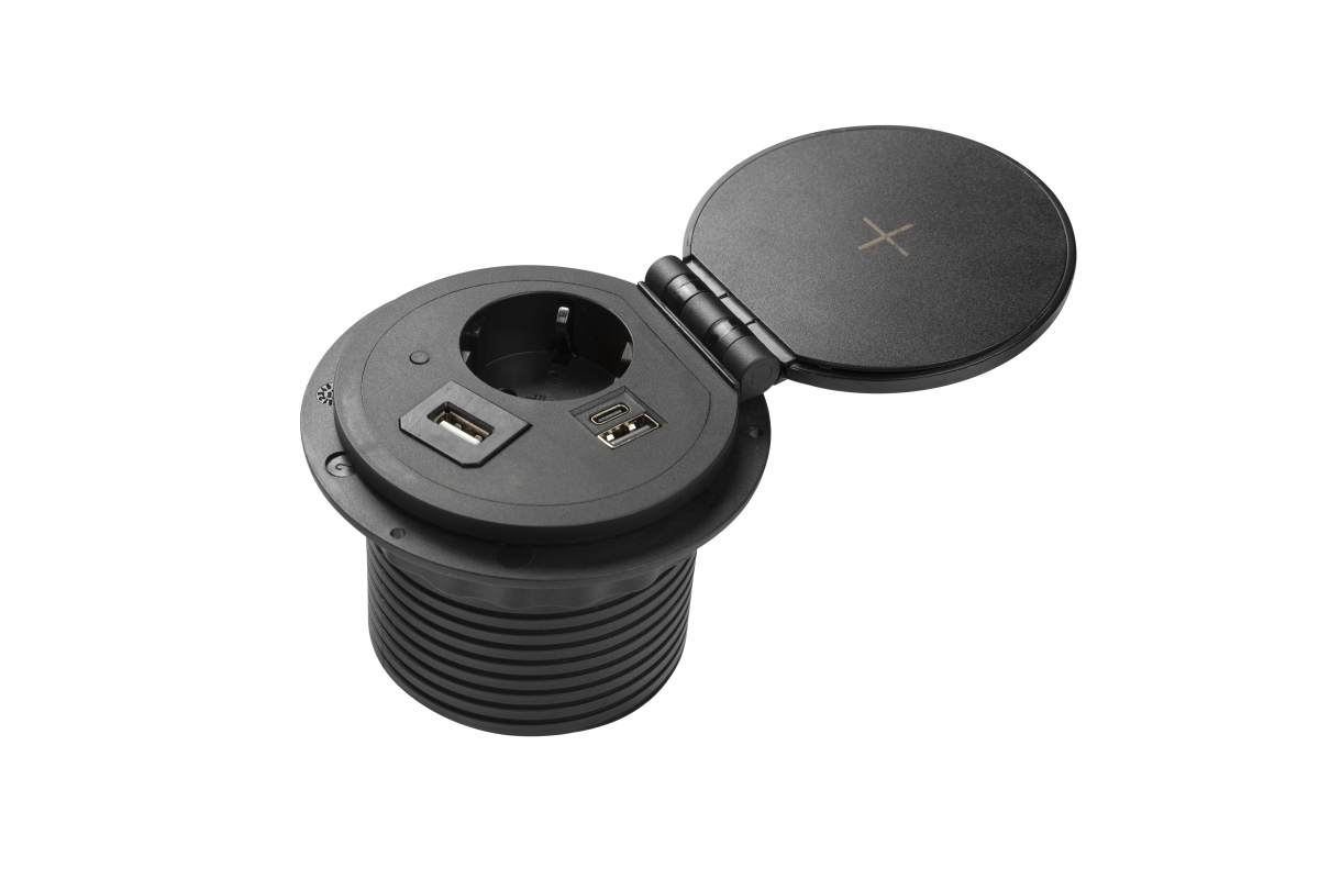 Produžni kabel stolni ugradni CHARGER PLUS, 1 schuko utičnica, USB A+C, USB-A, HDMI, RJ45, kabel 1,5m, crni