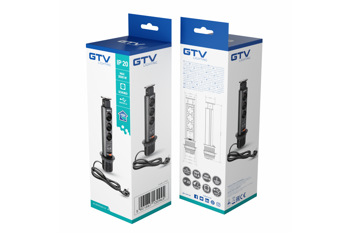 Izvlačna utičnica za radni stol 60mm, 3x  Schuko, 2XUSB, 2,1A 5V, crna