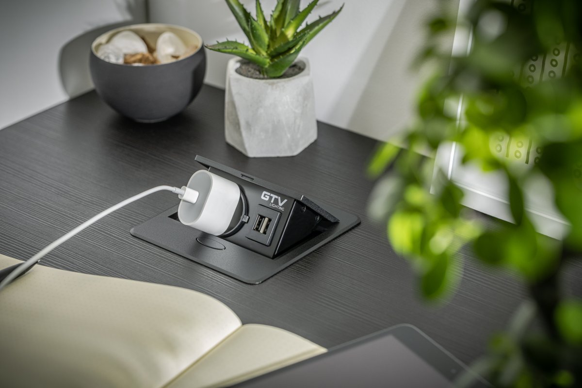 Produžni kabel stolni ugradni AVARO, 1x schuko utičnica, 2xUSB A, kabel 1.5m, crni