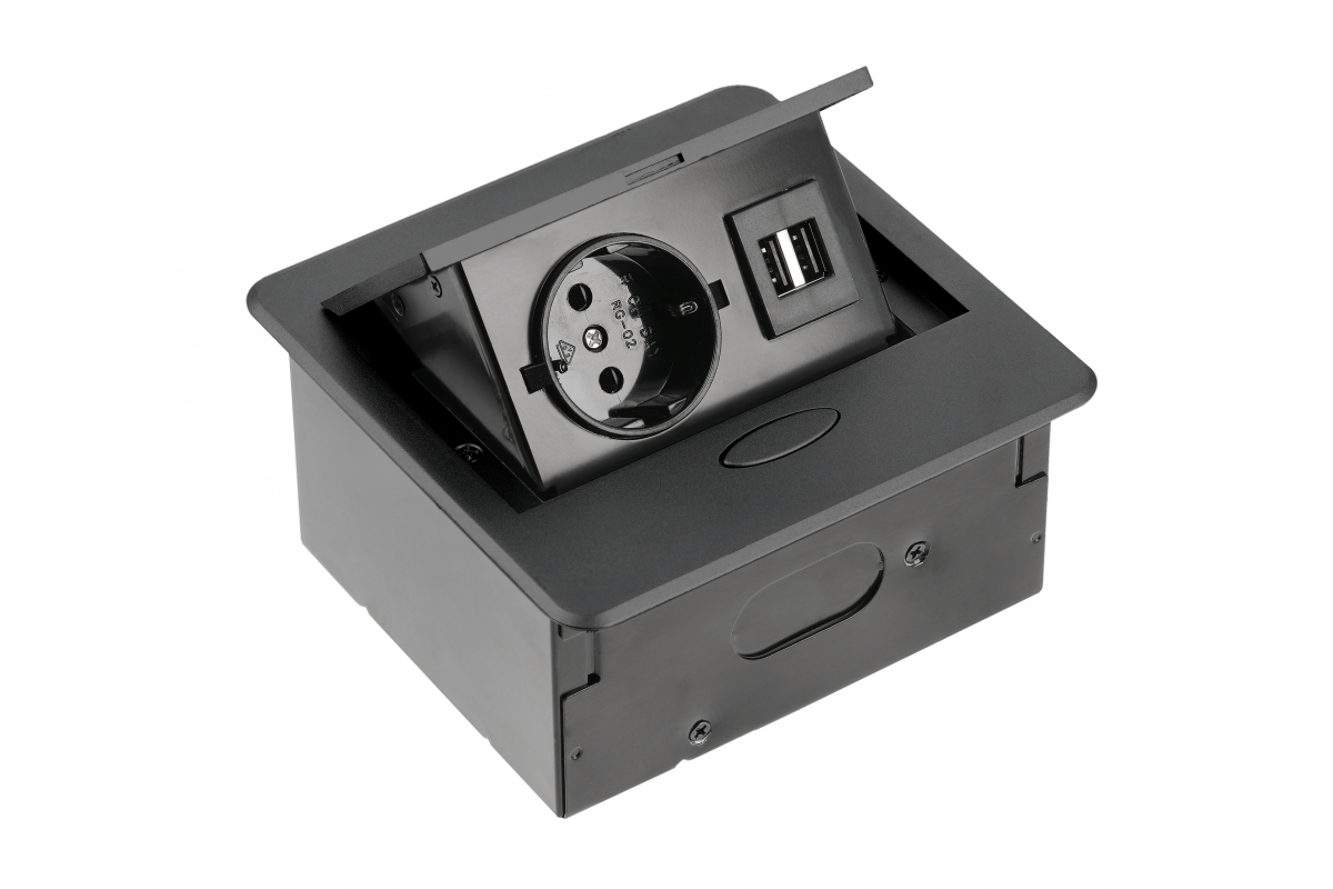 Produžni kabel stolni ugradni AVARO, 1x schuko utičnica, 2xUSB A, kabel 1.5m, crni